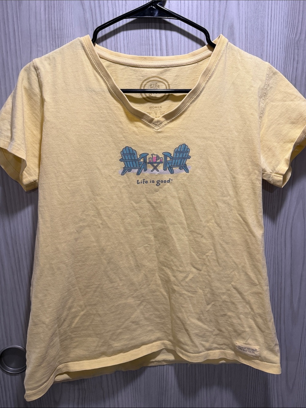 Life Is Good Pale Yellow V-Neck Tee with Beach Chair Graphic